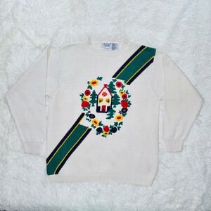 Vintage Russ Studio Knit Sweater Large Cream Cabin Floral Embroidery Cottagecore